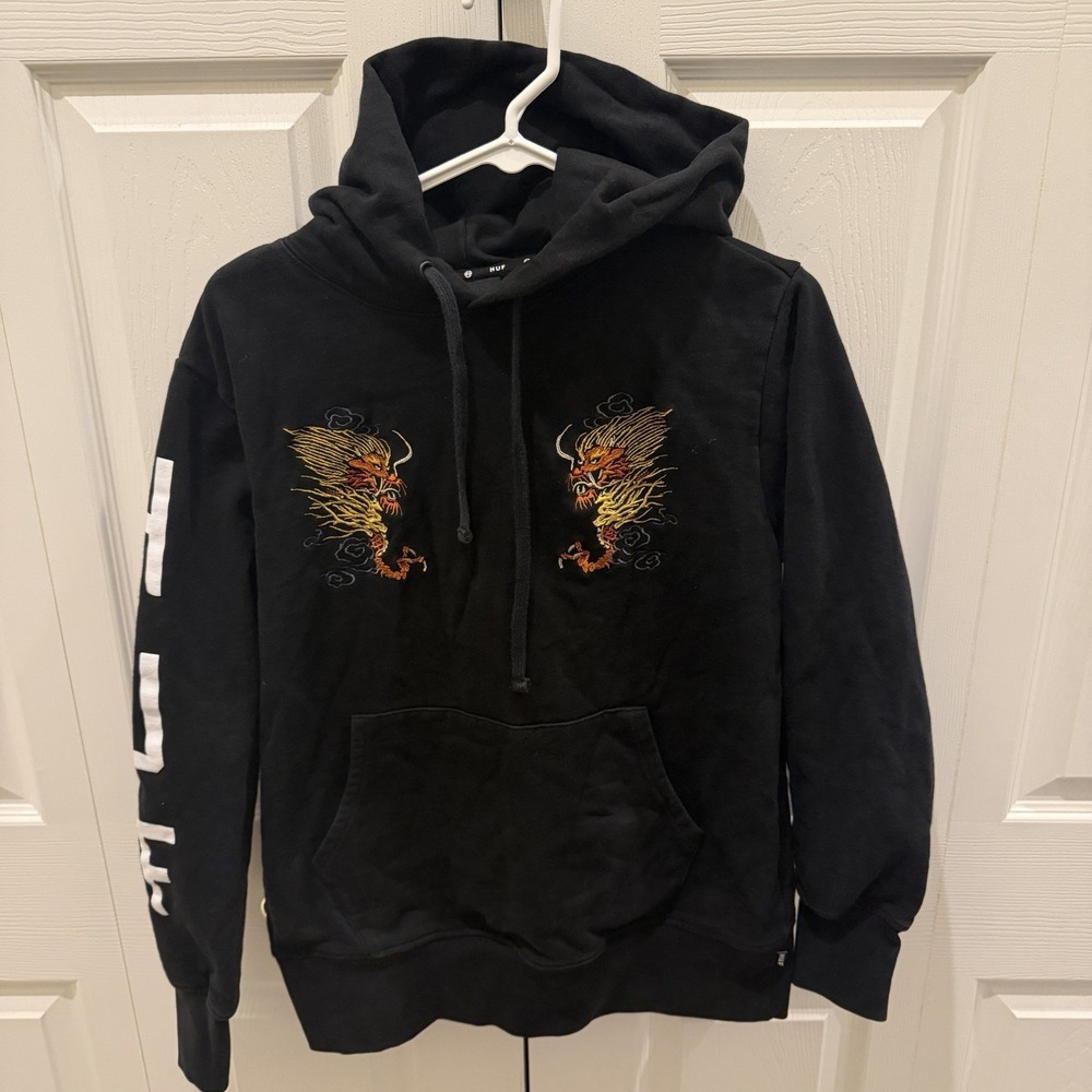 HUF Black Dragon Embroidered Pullover Hoodie Streetwear Skate Medium y2k